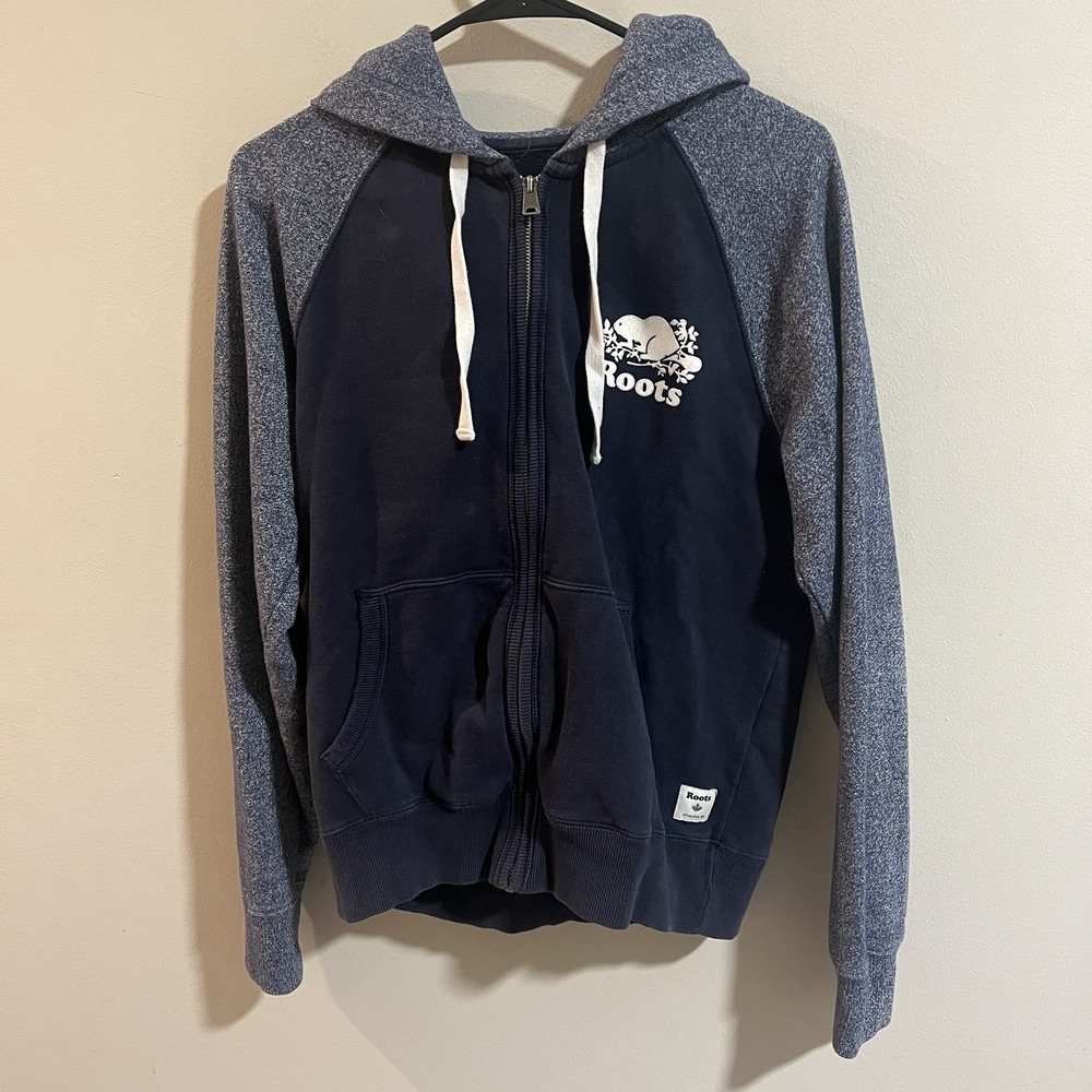 Roots Hoodie Mens Medium Blue Full Zip Fleece Beaver Logo Canada‎ Sweatshirt